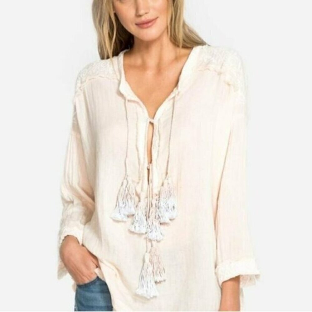 JOHNNY WAS Cotton Gauze Pink Tassel Blouse